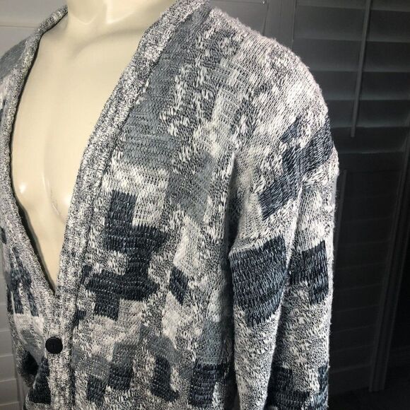 Vtg 90s Men's Michael Gerald Cardigan Acrylic Sweater M Gray White Blue Grandpa - Picture 8 of 12